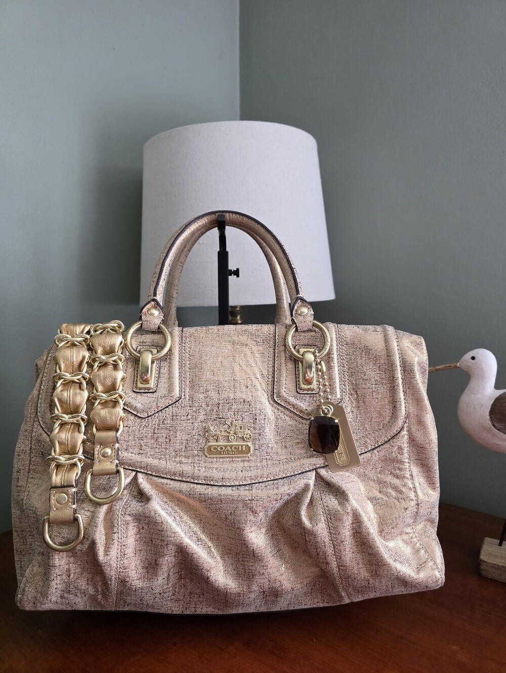 Coach 14241 Madison Sabrina Metallic Linen Tan Gold Satchel Shoulder Bag Y2K